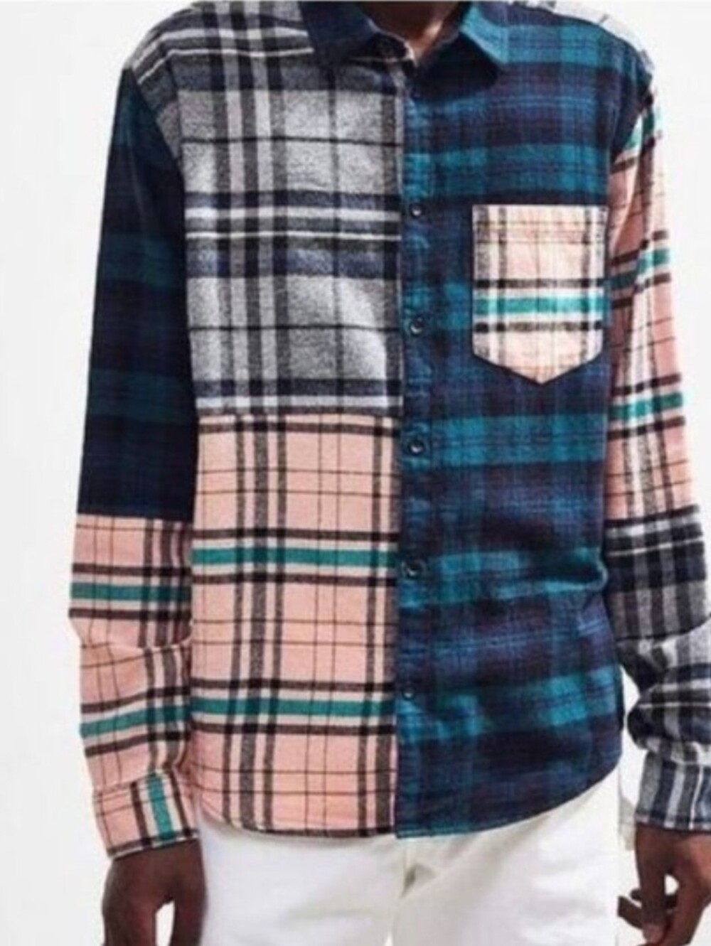 Urban Outfitters Cotton Patchwork Mixed Plaid Long-Sleeve UNISEX Mens Size Med.